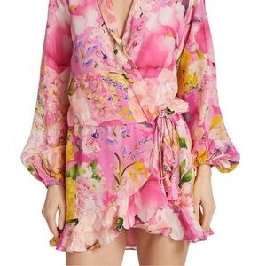 Rococo Sand Pink Floral Silky Wrap Long Sleeve Mini Dress Leona EC SZS